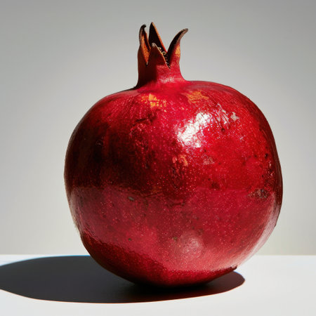 A stunning red pomegranate stands against a clean background, highlighting its glossy surface and vibrant color, perfect for food enthusiasts and health advocates alike.の素材