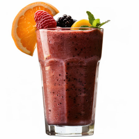 A vibrant berry smoothie displayed in a tall glass, beautifully garnished with fresh fruits and mint leaves, perfect for summer refreshment or an indulgent treat.の素材