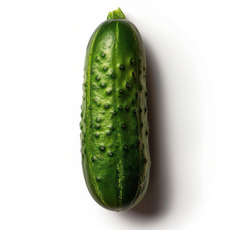 A vibrant green cucumber presented on a clean white background, showcasing its fresh appearance. This image embodies healthy eating and organic lifestyle choices, perfect for culinary inspiration.の素材
