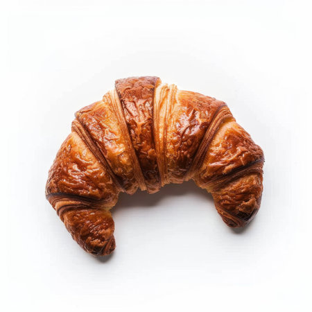 A freshly baked croissant showcasing its golden brown color and flaky texture on a clean white background, perfect for breakfast or culinary presentations.の素材
