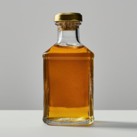 A captivating glass bottle filled with a golden amber liquid, featuring soft bubbles and light reflections. Ideal for food, drink, or health-themed visuals.の素材