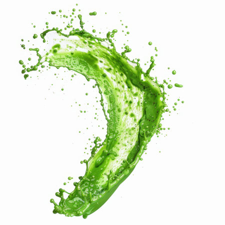 A vibrant splash of green liquid captures energetic motion against a clean white backdrop, embodying freshness and creativity ideal for food, beverage, and wellness themes.の素材