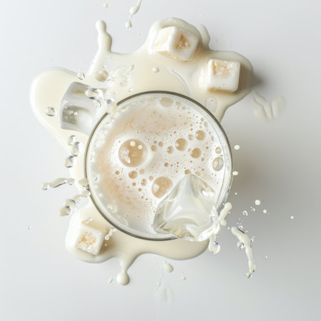 A top view of a refreshing milk beverage with ice cubes, surrounded by scattered sugar cubes, creating a splash effect. Perfect visual for beverage promotions.の素材