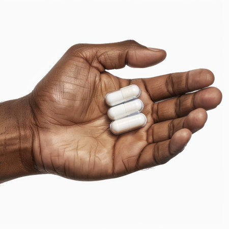 A close-up view of a hand holding three white capsules against a plain background, illustrating themes of health, medication, wellness, and pharmaceutical use.の素材