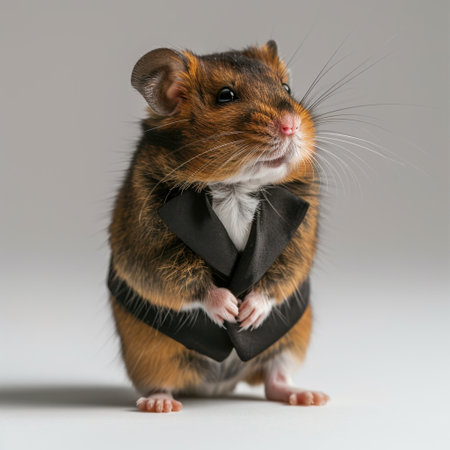 This delightful image features a cute hamster dressed in a tuxedo, showcasing its charming personality. The playful pose adds a whimsical touch to any project.の素材