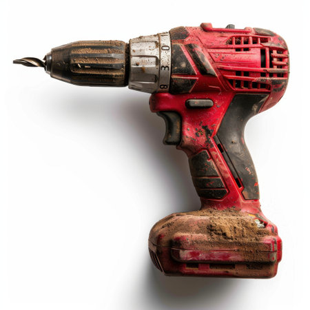 A red cordless power drill resting on a clean white background, featuring dirt and dust, ideal for home improvement, DIY projects, and construction tasks.の素材