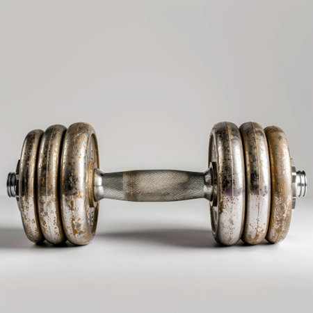 A close-up image of a vintage dumbbell with rusty plates, showcasing worn textures and metal details. Perfect for fitness themes, workout illustrations, and weight training concepts.の素材