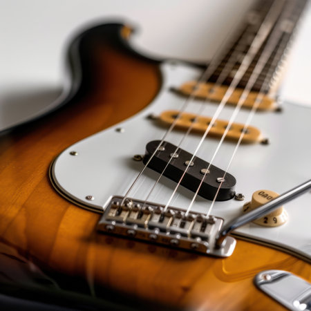 Stunning close-up of an electric guitar showcasing its intricate details, rich colors, and craftsmanship, perfect for music-related visuals or artistic projects.の素材