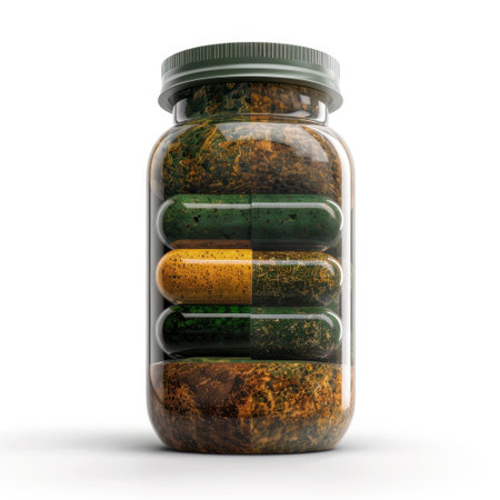 A transparent jar beautifully showcases colorful capsules in vibrant shades of green, yellow, and orange, representing health, nutrition, and wellness. Perfect for visualizing health benefits.の素材