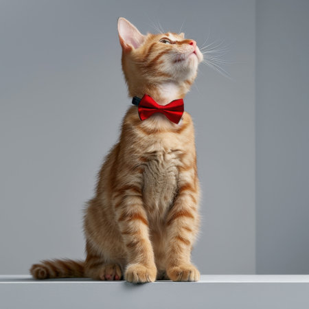 A charming orange cat dressed in a red bow tie poses gracefully on a shelf, perfect for capturing the elegance and playfulness of domestic pets in a modern setting.の素材