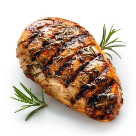 A perfectly grilled chicken breast garnished with fresh herbs, showcasing a mouthwatering dish ideal for healthy meals or culinary presentations.の素材