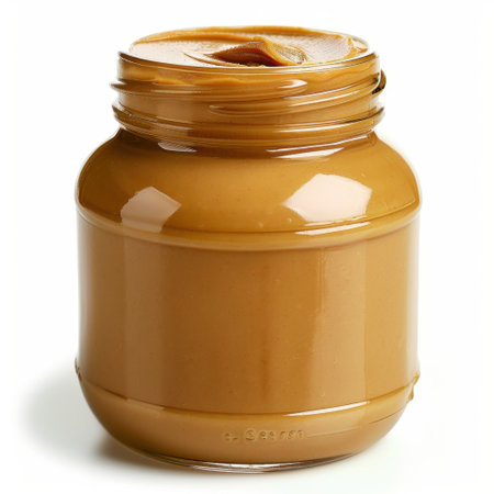 Creamy peanut butter in a transparent glass jar showcasing a rich, smooth texture, ideal for various culinary uses, including baking, snacks, or breakfast dishes.の素材