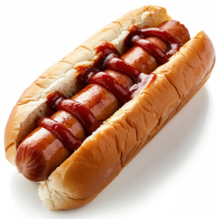 A delicious hot dog nestled in a soft bun, topped with vibrant ketchup, perfect for summer meals, picnics, or barbecue gatherings. Enjoy this classic comfort food.の素材