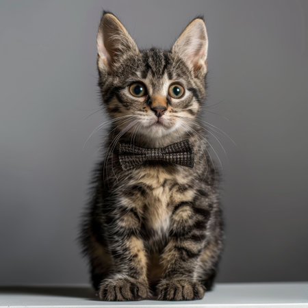 This charming tabby kitten, adorned with a classic bow tie, exudes curiosity and playfulness, making it the perfect pet portrait for warmth and joy.の素材