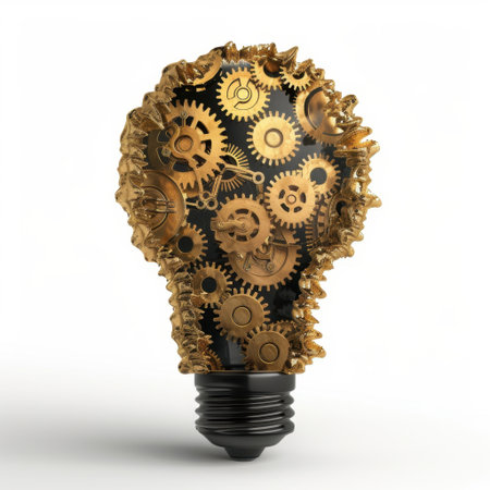 This striking image features a light bulb filled with detailed gears, symbolizing creativity and innovation. It highlights mechanical design and artistic vision.の素材