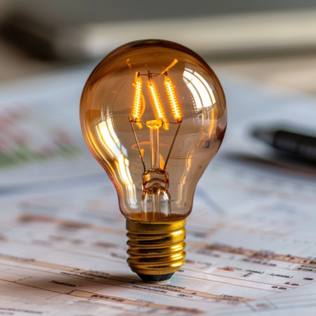 A vintage-style light bulb radiates warm amber light, revealing beautiful filaments. It is placed on scattered papers, creating an inspiring workspace ambiance.の素材