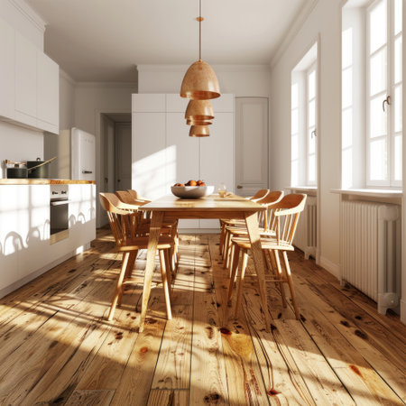 This stunning kitchen features a modern design with a warm wooden floor, stylish fixtures, and a cozy dining area filled with natural light, creating an inviting atmosphere.の素材