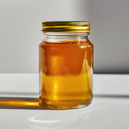 A beautifully captured glass jar filled with golden honey, reflecting sunlight to create an inviting ambiance. Perfect for showcasing natural sweetness and wellness.の素材