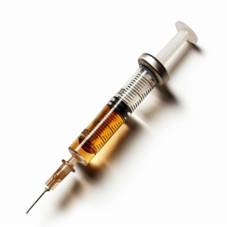 This image features a detailed view of a medical syringe filled with a clear liquid, ideal for illustrating topics related to healthcare, treatment, and medication.の素材