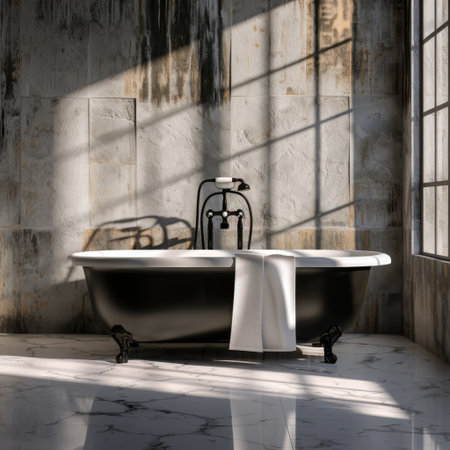 A stylish bathroom featuring a classic black and white bathtub that adds elegance. Natural light streams in, creating a tranquil atmosphere for relaxation and comfort.の素材