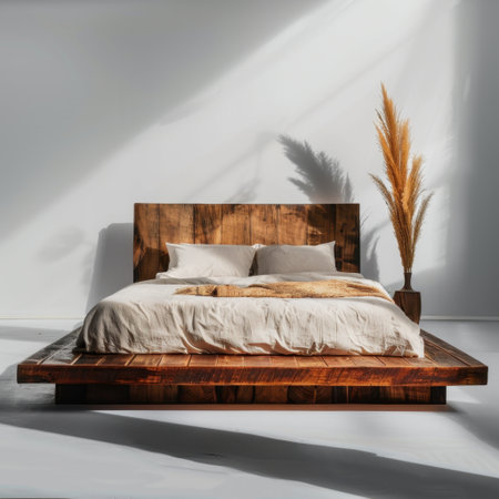 A beautifully crafted wooden bed enhances this serene bedroom with natural bedding and stylish pampas grass. Perfect for showcasing contemporary interior design.の素材