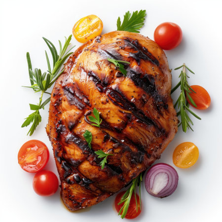 A beautifully grilled chicken breast presented with fresh herbs and vibrant cherry tomatoes, perfect for showcasing healthy meal options and culinary artistry.の素材