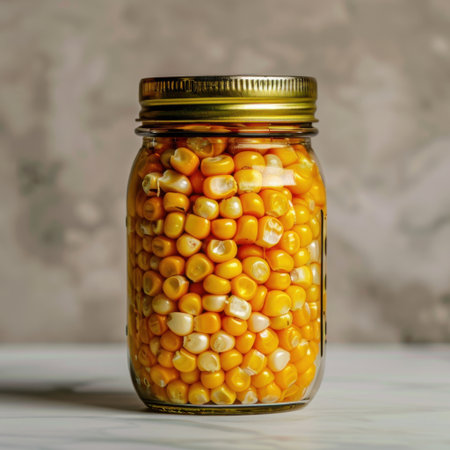 This image features a glass jar filled with bright yellow corn kernels on a subtle background, ideal for showcasing fresh ingredients, culinary art, and healthy cooking options.の素材