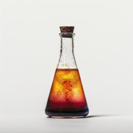 A visually striking laboratory flask filled with vibrant, colorful liquids demonstrating a dynamic scientific experiment. Ideal for educational and creative projects.の素材