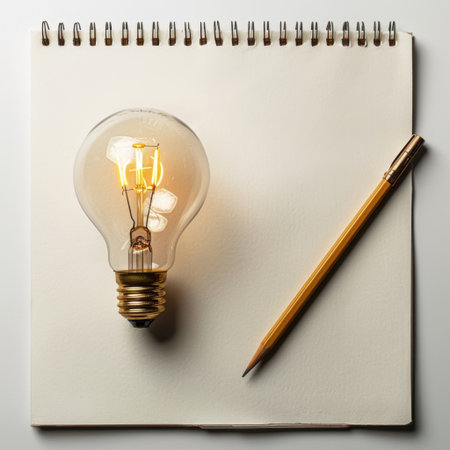 A glowing vintage light bulb sits elegantly on a blank sketchbook with a yellow pencil nearby, creating a serene and creative workspace atmosphere.の素材