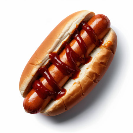 A juicy hot dog topped with ketchup rests in a soft bun against a clean white backdrop, ideal for culinary projects, menus, and food-related content.の素材