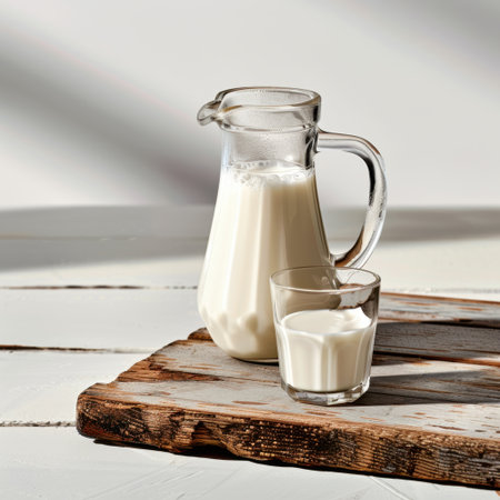 A glass pitcher filled with fresh milk sits on a rustic wooden table against a white background, perfect for culinary, health, and beverage-themed projects.の素材