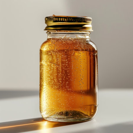 A captivating glass jar filled with a sparkling golden liquid, illuminated by natural light, highlighting the refreshing bubbles and elegant reflections.の素材