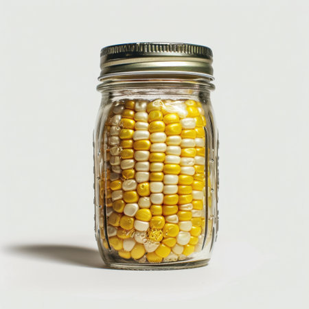 This image features a glass jar filled with vibrant yellow and white corn kernels, perfect for agriculture concepts or culinary inspiration with its clean aesthetic.の素材