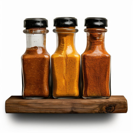 Captivating glass bottles filled with rich spices on a wooden shelf, showcasing vibrant colors. Ideal for culinary projects, recipes, and food-related themes.の素材