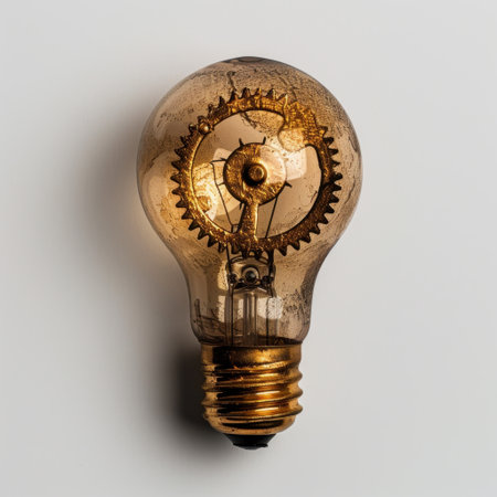 This image highlights an antique light bulb featuring a vintage gear design. It blends industrial charm with modern aesthetics, creating a stunning focal point for any space.の素材