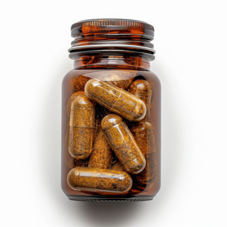 A detailed view of an amber glass jar filled with herbal capsules, emphasizing natural supplements for promoting health and wellness in daily life.の素材