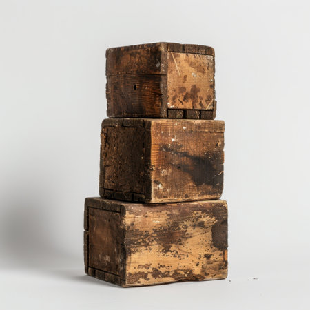 A set of three vintage stacked wooden boxes showcasing natural textures and rustic charm, ideal for home decor, photography props, or creative displays.の素材