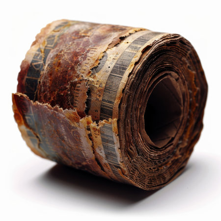 This vintage roll of old paper displays unique textures and an aged appearance, perfect for creative projects, artistic concepts, and vintage-themed designs.の素材