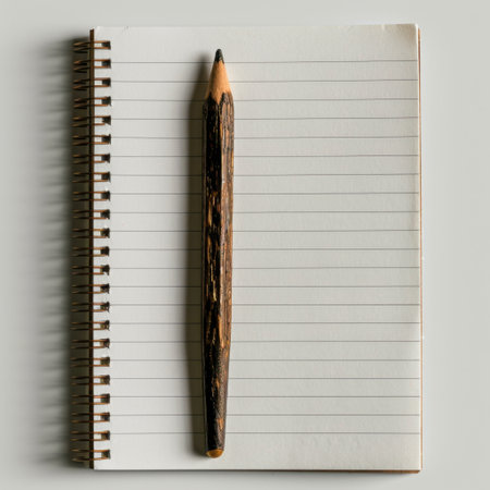 A blank spiral notebook with empty pages rests on a flat surface next to a wooden pencil, ideal for writing, note-taking, or sketching simplistic ideas.の素材