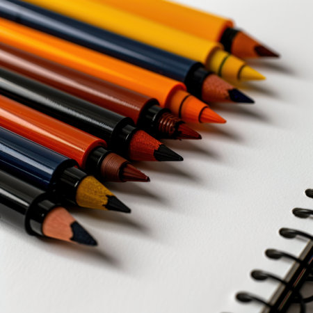 A vibrant collection of colorful markers lies on a blank sketchbook page, ideal for artists and hobbyists to explore their creativity and express their ideas.の素材