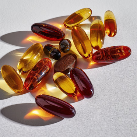 This captivating image features a variety of colorful gel capsules and softgels arranged thoughtfully, showcasing their vibrant hues against a soft background.の素材