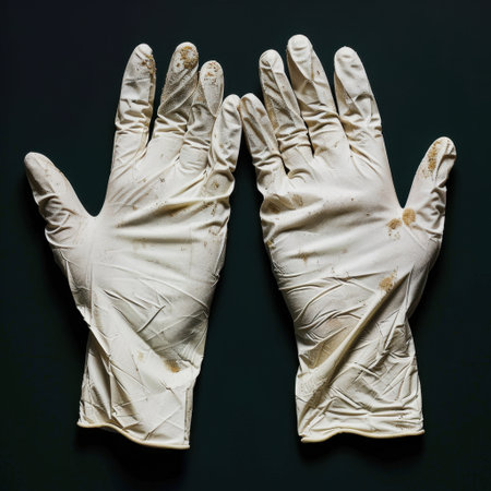 A pair of worn, stained disposable gloves is placed against a black backdrop, illustrating the importance of hygiene and safety in medical and clinical settings.の素材