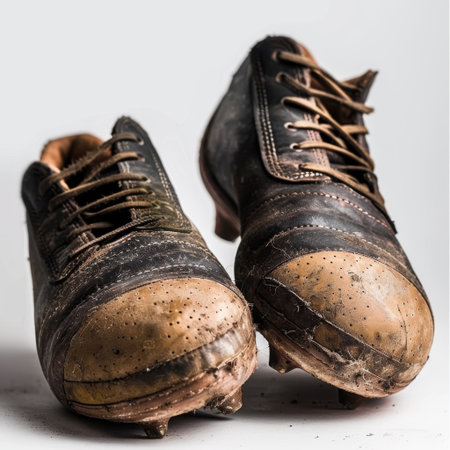 This image features a pair of worn vintage soccer cleats, highlighting the intricate detail and character of athletic footwear, perfect for sports collection or decor.の素材