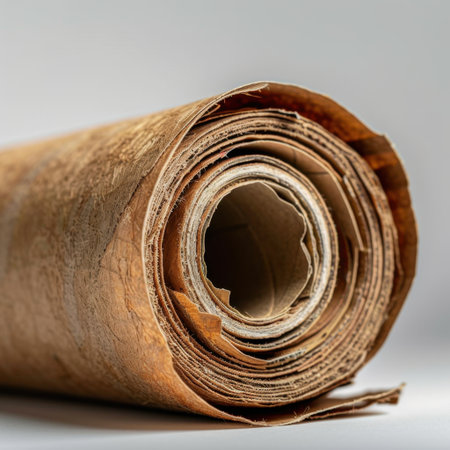A beautifully rolled vintage paper scroll displaying rich textures and natural shades, perfect for artistic backgrounds or historical thematic projects. Ideal for creative applications.の素材