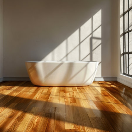 Discover a peaceful bathroom setting with a freestanding bathtub, wooden flooring, and sunlight streaming through large windows, creating an inviting and serene atmosphere.の素材