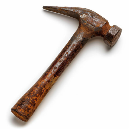 This vintage hammer displays significant rust and wear, perfect for representing the tools of trade. Ideal for projects, repairs, and home improvement themes.の素材