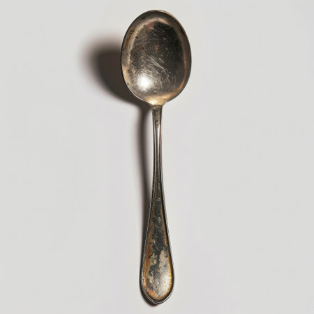 Discover a vintage silver spoon featuring a beautifully worn surface, perfect for adding a touch of elegance to kitchen decor and dining experiences. Simple yet refined.の素材
