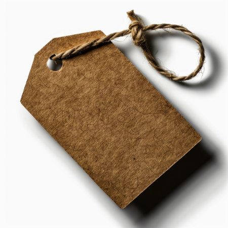 A rustic brown paper tag with twine, casting a soft shadow on a clean white background. Ideal for labeling gifts, products, or craft projects in a minimalistic style.の素材