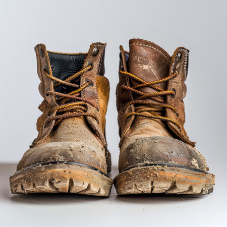 A pair of worn out work boots covered in mud and dirt on a light background, illustrating the rugged nature of outdoor labor and adventures. Perfect for lifestyle themes.の素材