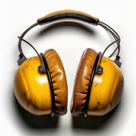 Bright yellow noise-canceling headphones designed for effective sound protection in busy workplaces. Features comfortable padding for extended wear. Ideal for industrial use.の素材